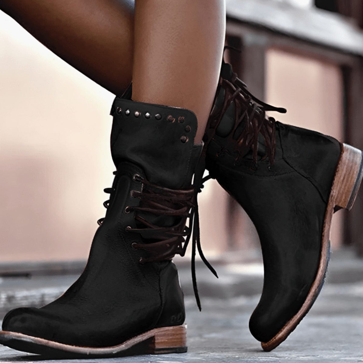 Women's Western Ankle Boots with Studded Cuff and Laces – Black