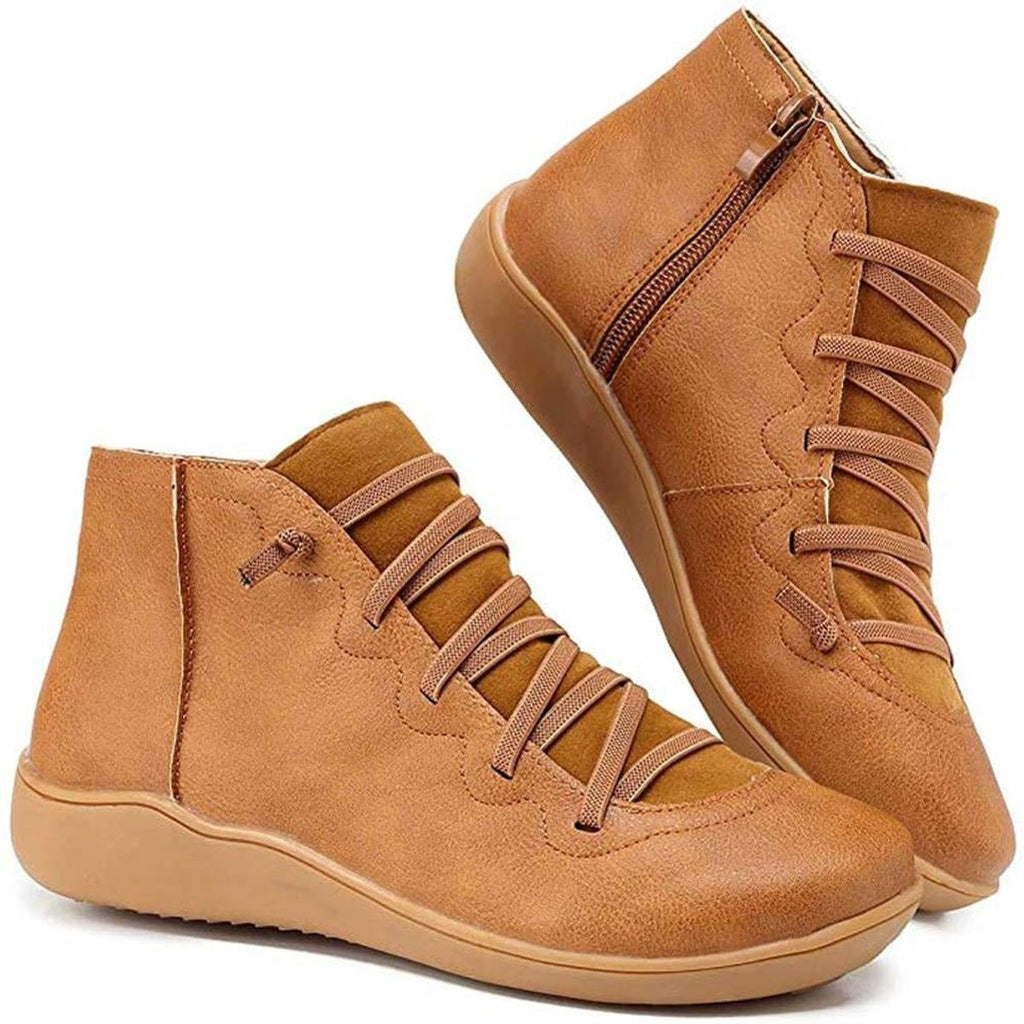 Women's Flat Leather-Look Ankle Boots with Cross Lacing – Brown