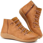 Women's Flat Leather-Look Ankle Boots with Cross Lacing – Brown