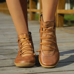 Women's Flat Leather-Look Ankle Boots with Cross Lacing