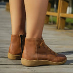Women's Flat Leather-Look Ankle Boots with Cross Lacing