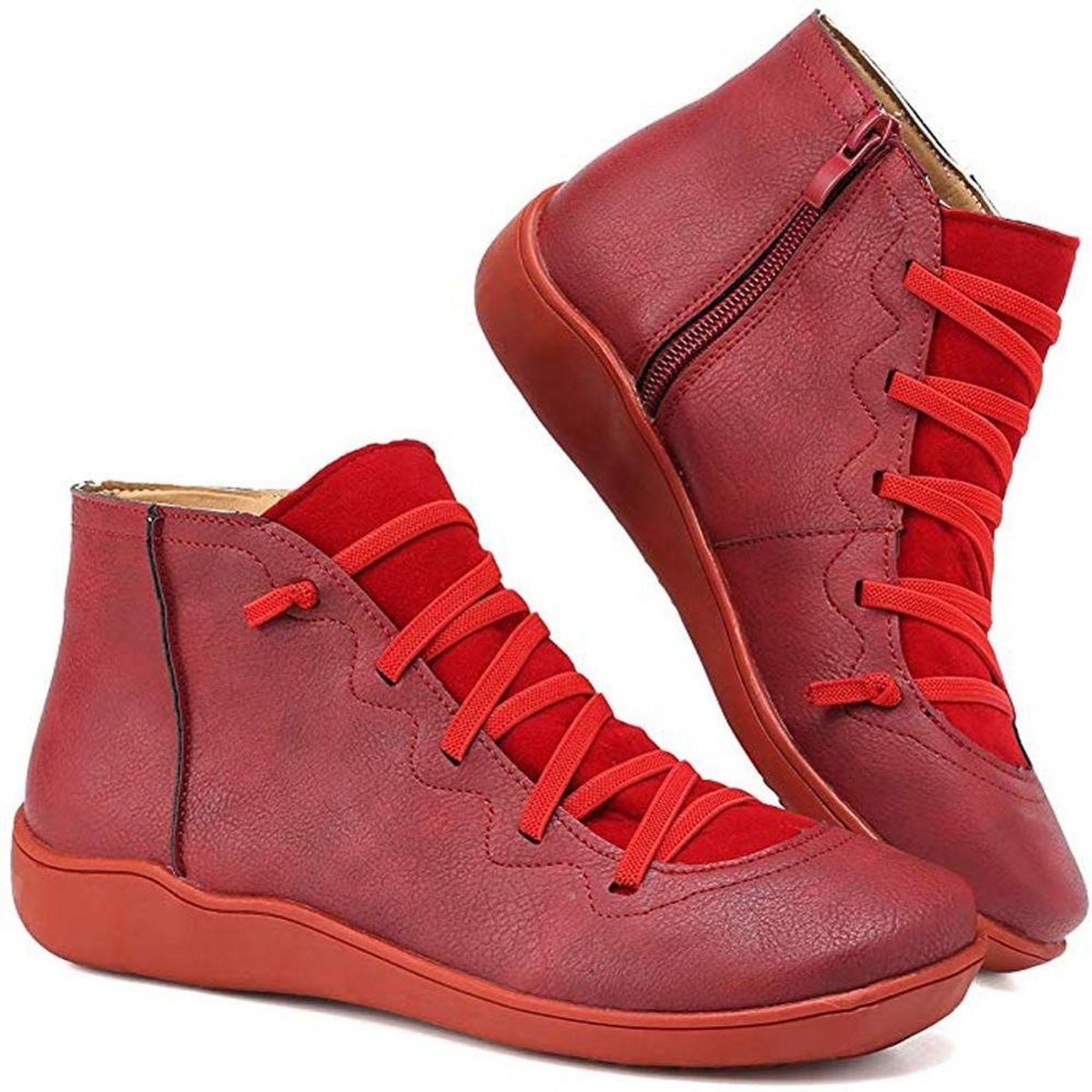 Women's Flat Leather-Look Ankle Boots with Cross Lacing – Red
