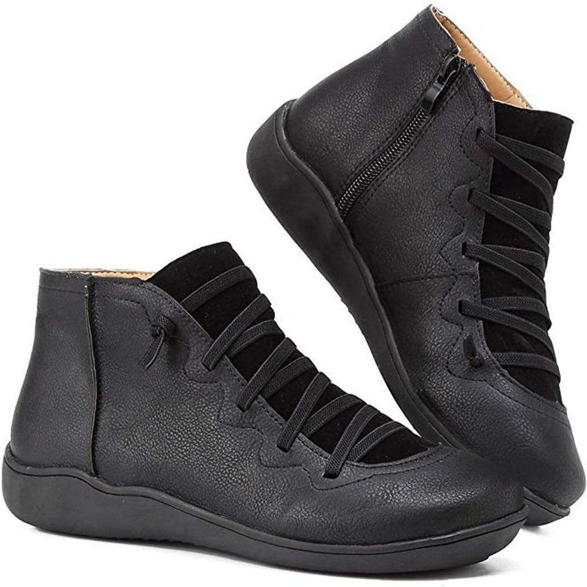 Women's Flat Leather-Look Ankle Boots with Cross Lacing – Black
