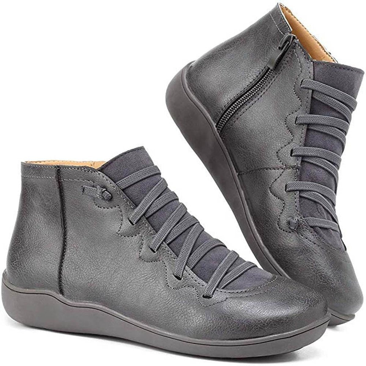 Women's Flat Leather-Look Ankle Boots with Cross Lacing – Grey