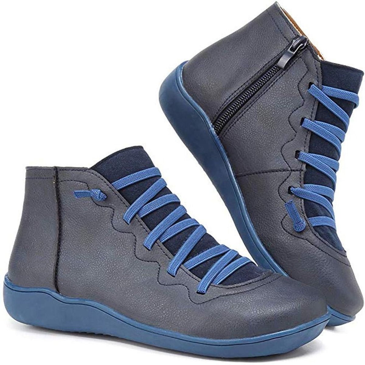 Women's Flat Leather-Look Ankle Boots with Cross Lacing – Blue