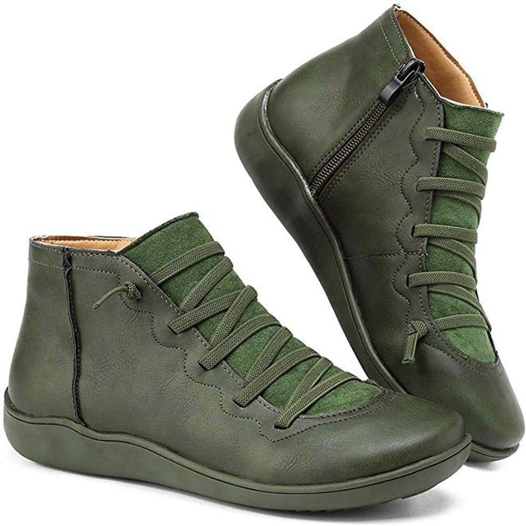 Women's Flat Leather-Look Ankle Boots with Cross Lacing
