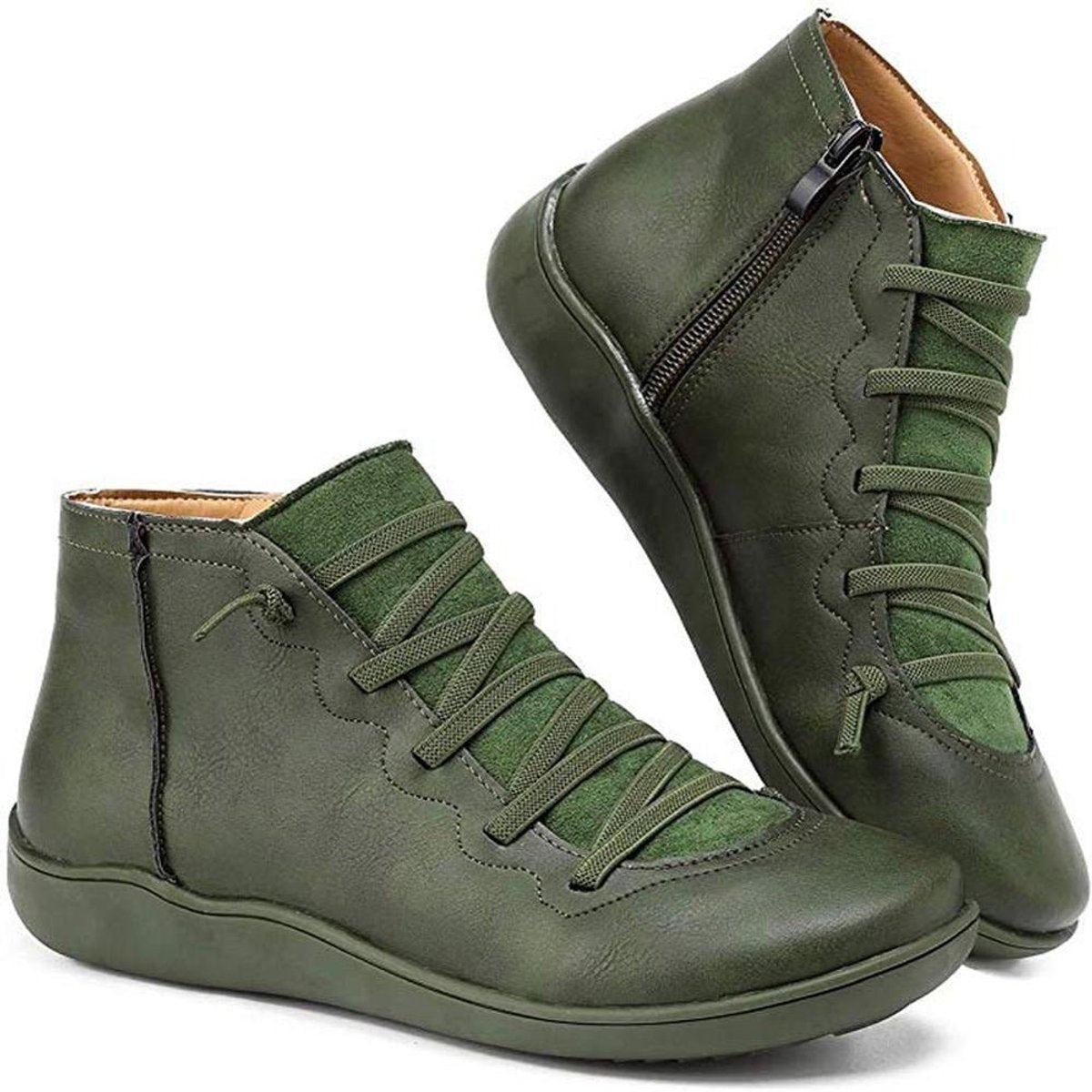 Women's Flat Leather-Look Ankle Boots with Cross Lacing