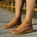 Women's Flat Leather-Look Ankle Boots with Cross Lacing