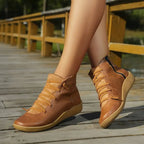 Women's Flat Leather-Look Ankle Boots with Cross Lacing
