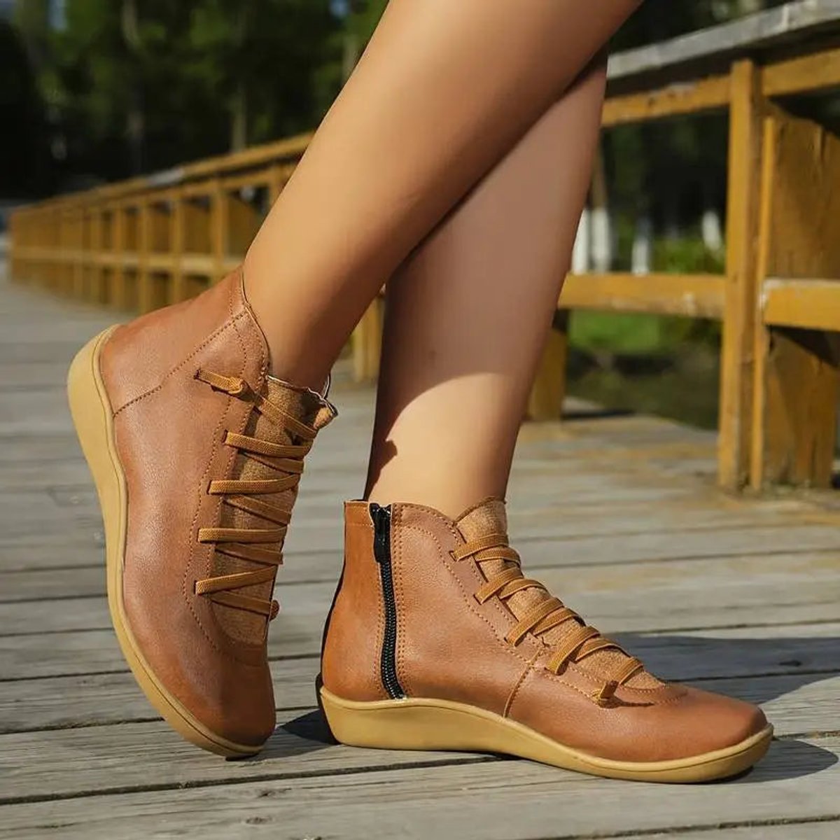 Women's Flat Leather-Look Ankle Boots with Cross Lacing