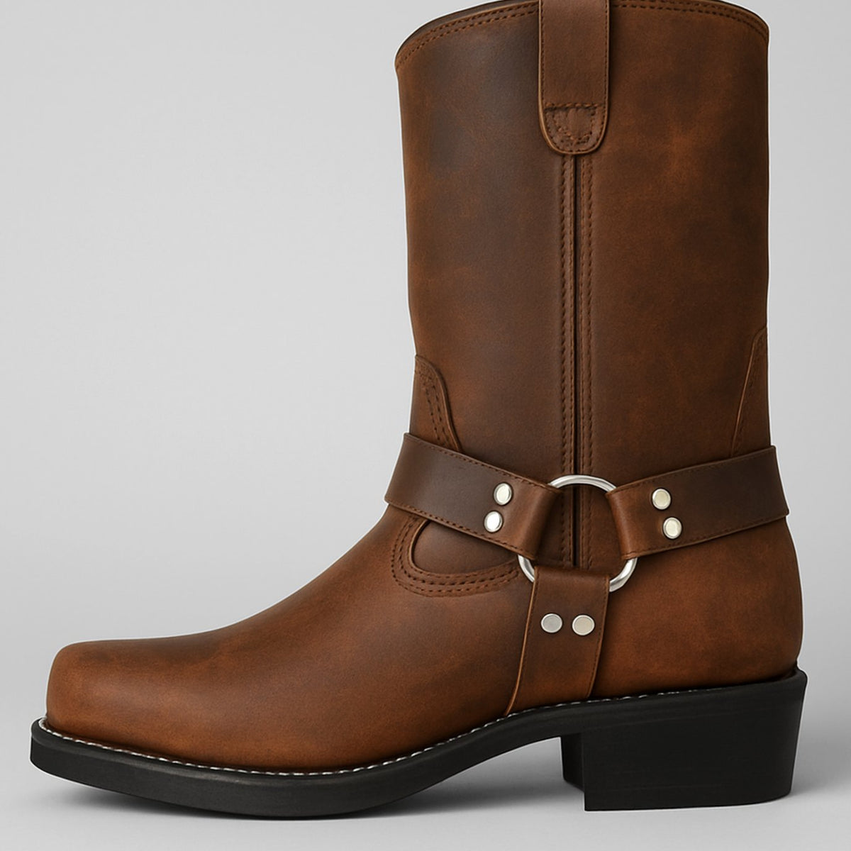Women's Square Toe Leather Boots with Riveted Harness – Yellow Brown