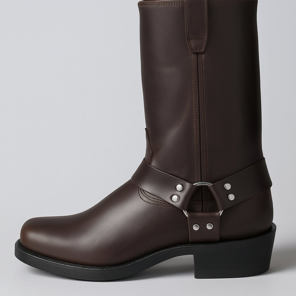Women's Square Toe Leather Boots with Riveted Harness – Dark Brown