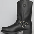 Women's Square Toe Leather Boots with Riveted Harness – Black