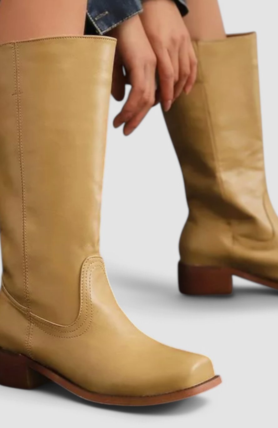 Women's Genuine Leather Knee-High Boots with Stacked Heel