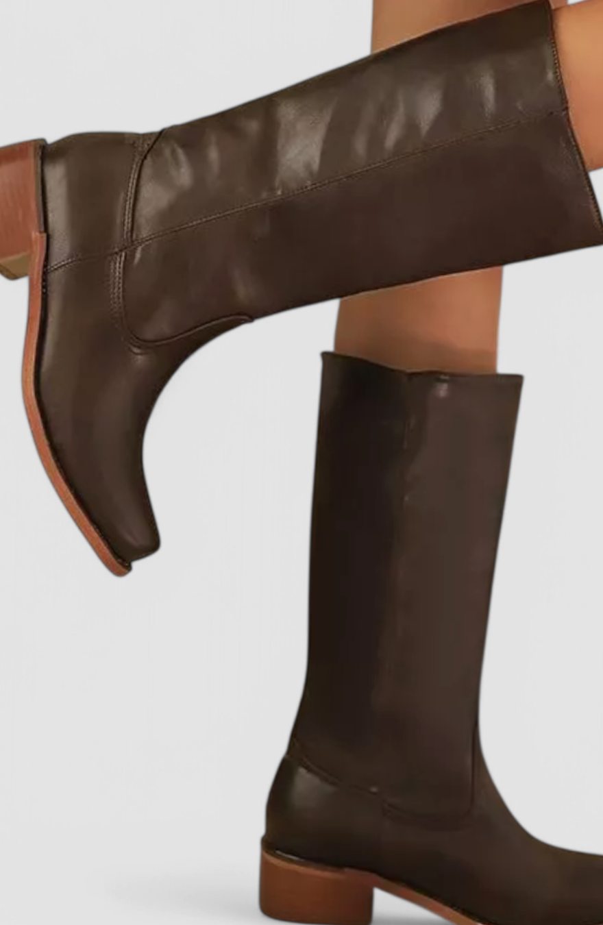 Women's Genuine Leather Knee-High Boots with Stacked Heel
