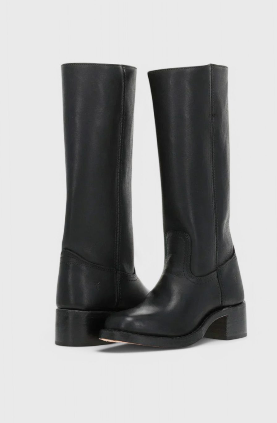 Women's Genuine Leather Knee-High Boots with Stacked Heel – Black