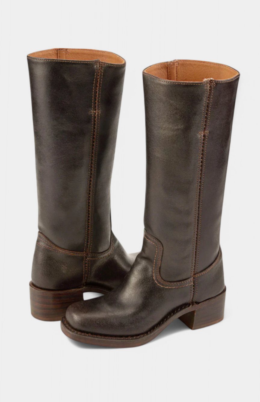 Women's Genuine Leather Knee-High Boots with Stacked Heel – Dark Brown