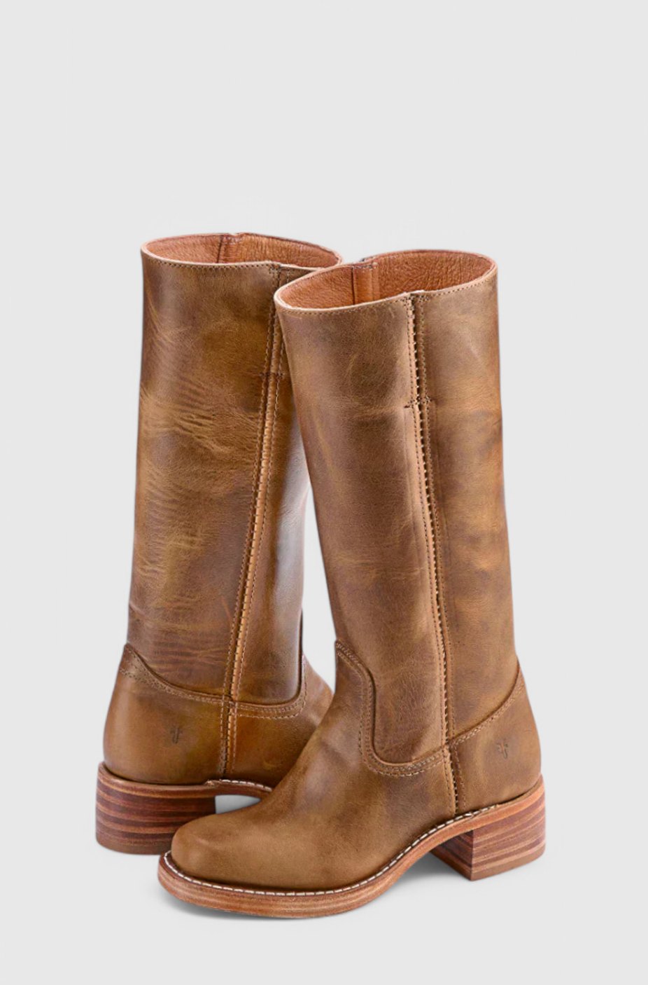 Women's Genuine Leather Knee-High Boots with Stacked Heel – Light Brown