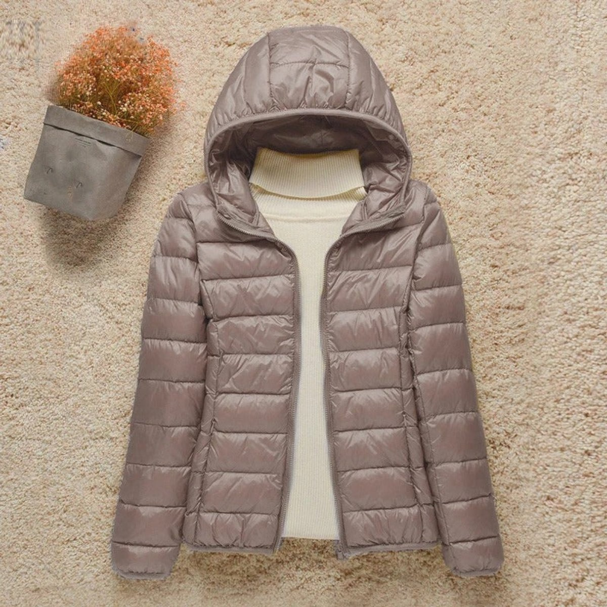 Women's Packable Hooded Puffer Jacket in a Slim Hip-Length Cut – Taupe