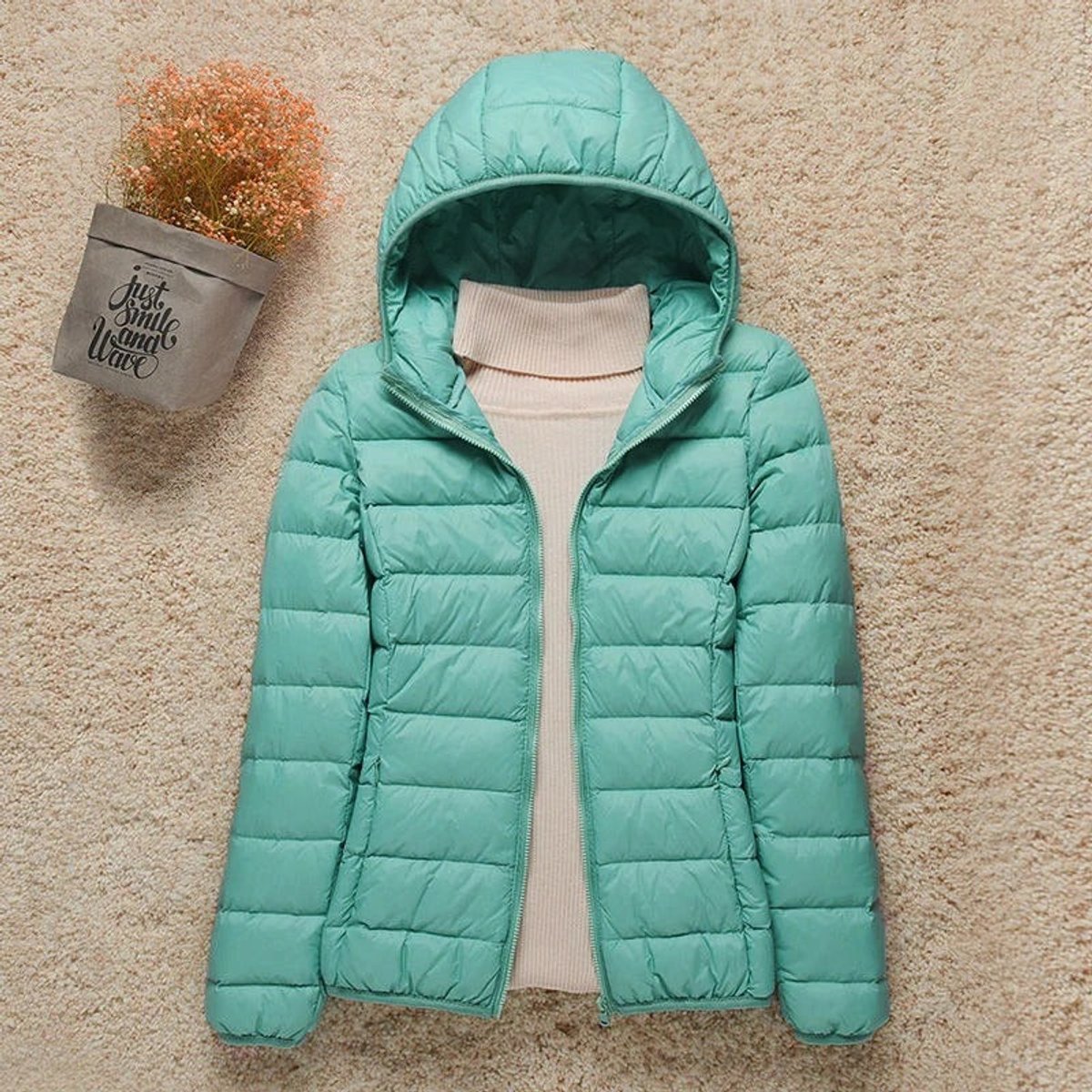 Women's Packable Hooded Puffer Jacket in a Slim Hip-Length Cut – Turquoise