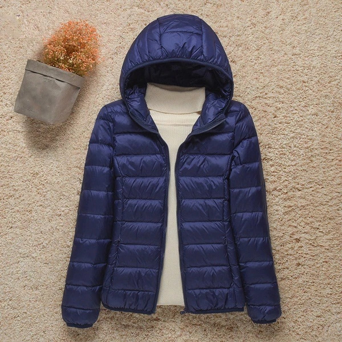 Women's Packable Hooded Puffer Jacket in a Slim Hip-Length Cut – Navy Blue