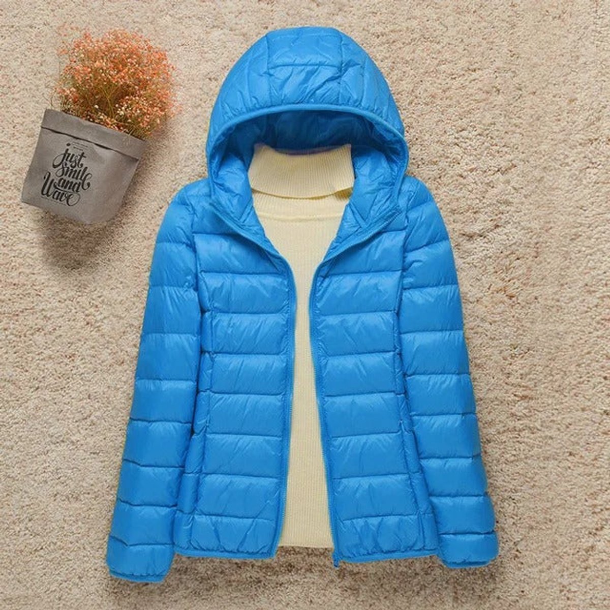 Women's Packable Hooded Puffer Jacket in a Slim Hip-Length Cut – Light Blue