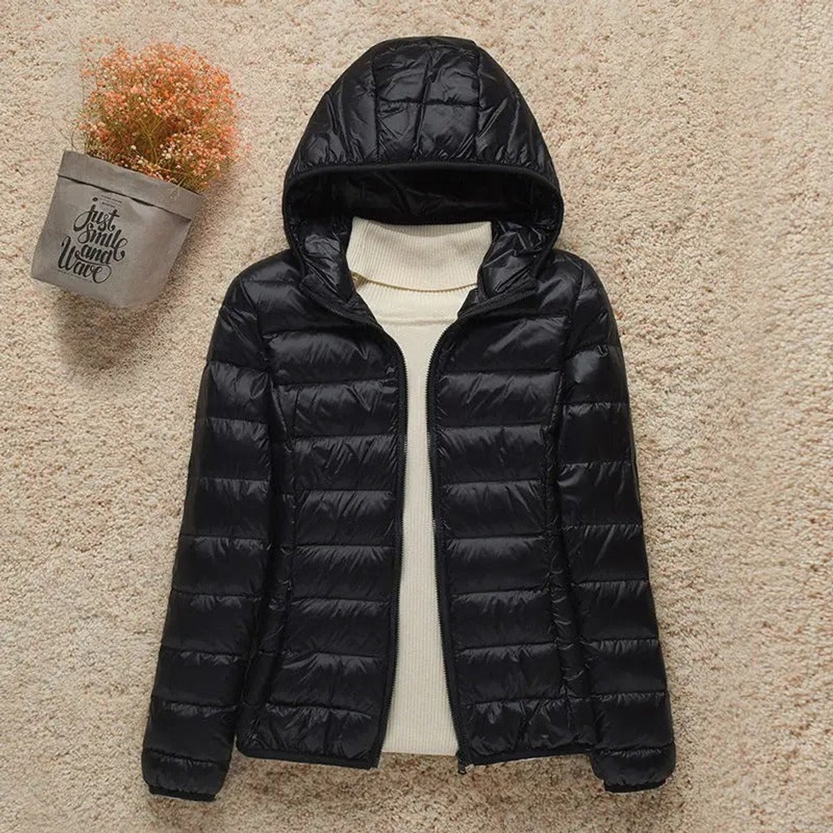 Women's Packable Hooded Puffer Jacket in a Slim Hip-Length Cut – Black