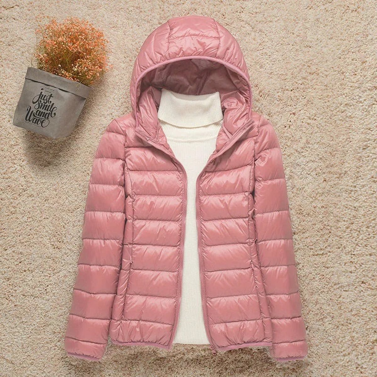 Women's Packable Hooded Puffer Jacket in a Slim Hip-Length Cut – Pink