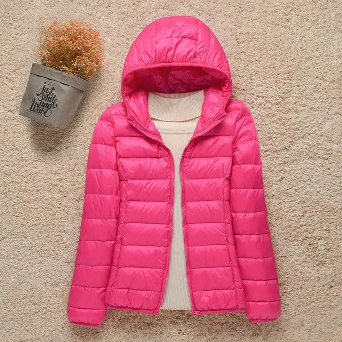 Women's Packable Hooded Puffer Jacket in a Slim Hip-Length Cut – Fuchsia