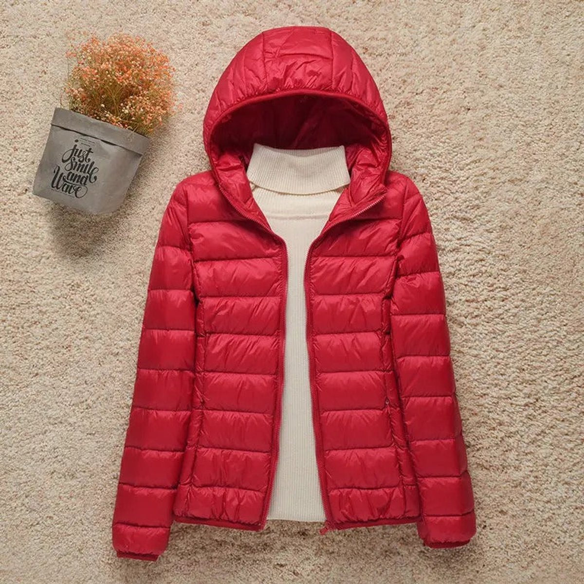 Women's Packable Hooded Puffer Jacket in a Slim Hip-Length Cut – Red