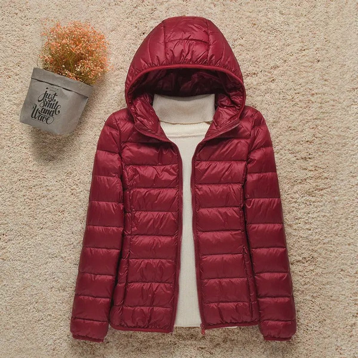 Women's Packable Hooded Puffer Jacket in a Slim Hip-Length Cut – Burgundy