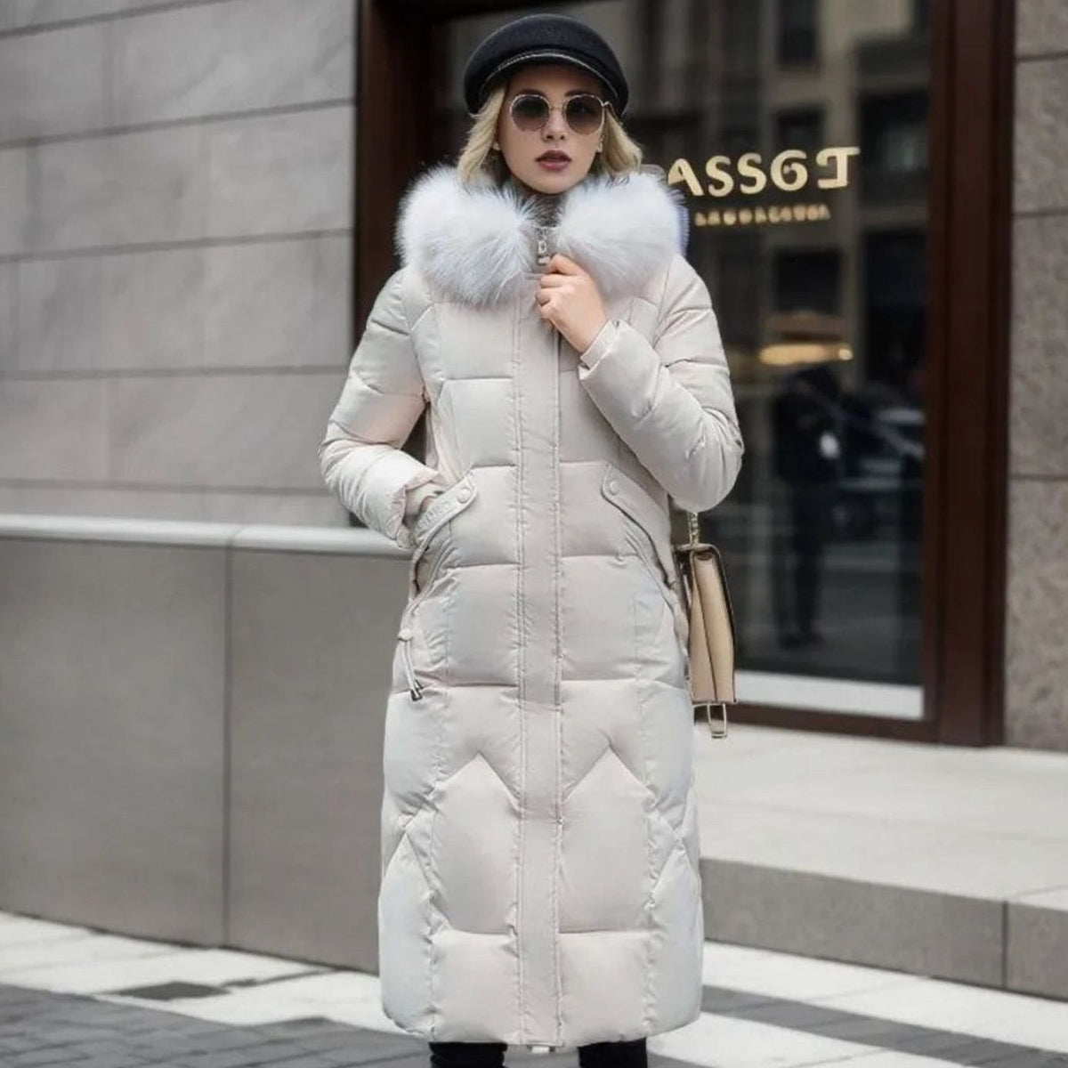 Women's Knee-Length Quilted Puffer Coat with Faux Fur Hood Trim