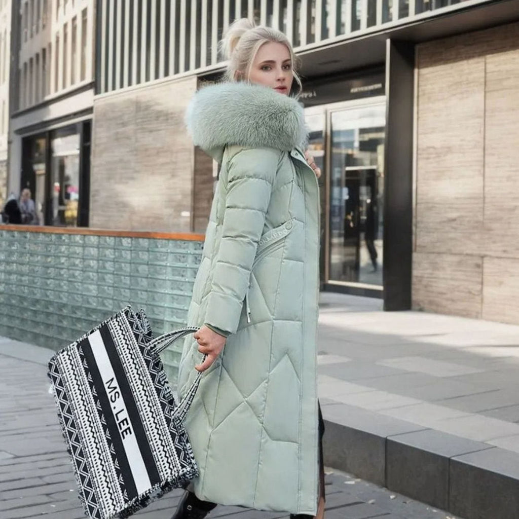 Women's Knee-Length Quilted Puffer Coat with Faux Fur Hood Trim