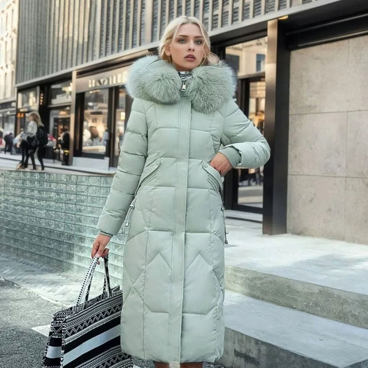 Women's Knee-Length Quilted Puffer Coat with Faux Fur Hood Trim – Green