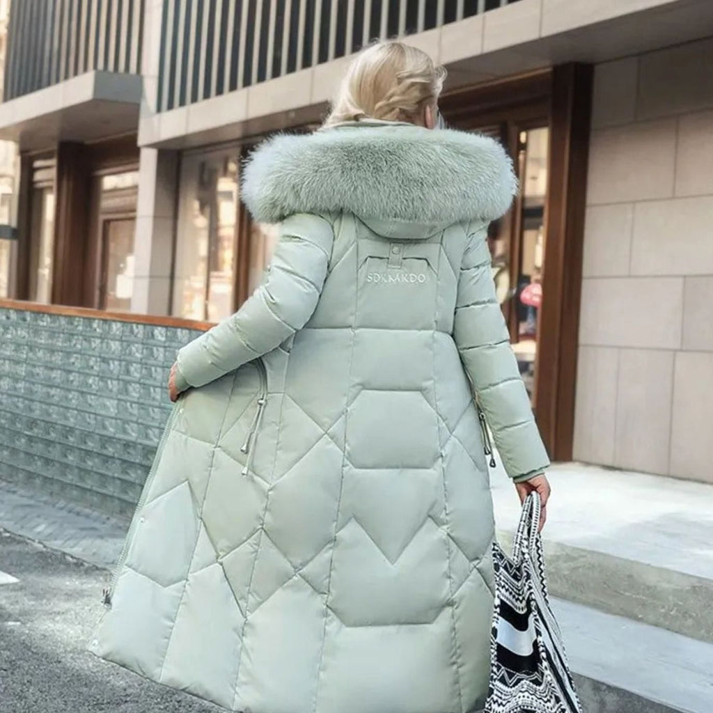 Women's Knee-Length Quilted Puffer Coat with Faux Fur Hood Trim