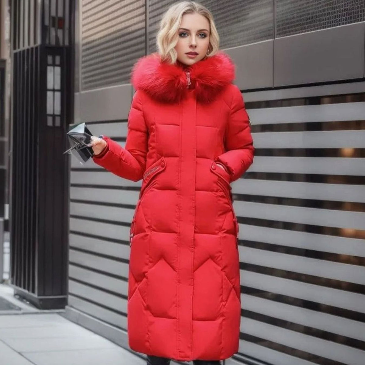 Women's Knee-Length Quilted Puffer Coat with Faux Fur Hood Trim – Red