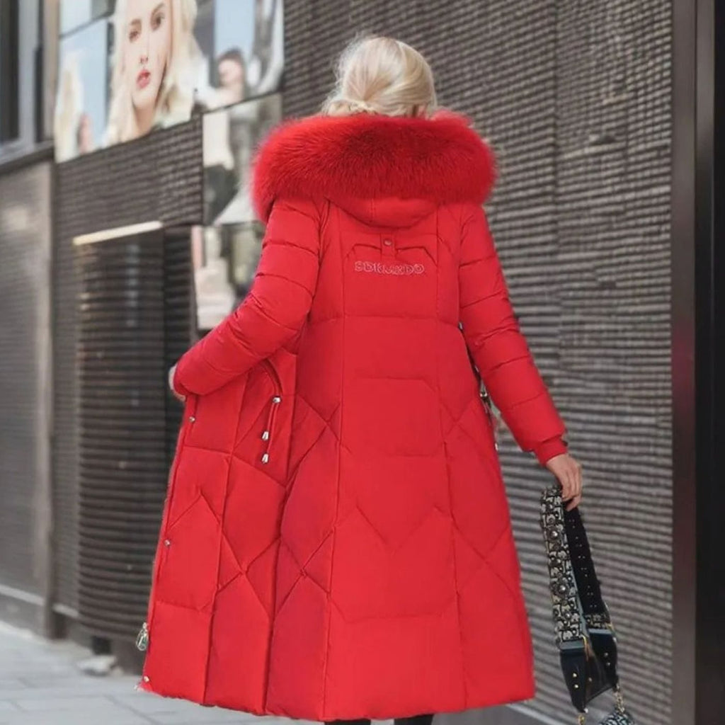 Women's Knee-Length Quilted Puffer Coat with Faux Fur Hood Trim