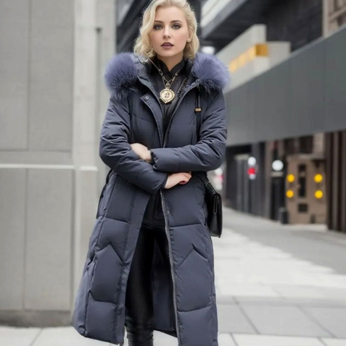 Women's Knee-Length Quilted Puffer Coat with Faux Fur Hood Trim – Grey