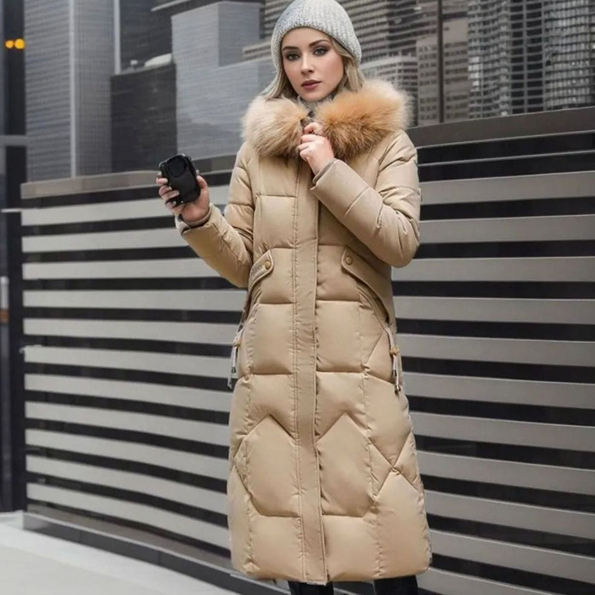Women's Knee-Length Quilted Puffer Coat with Faux Fur Hood Trim – Khaki