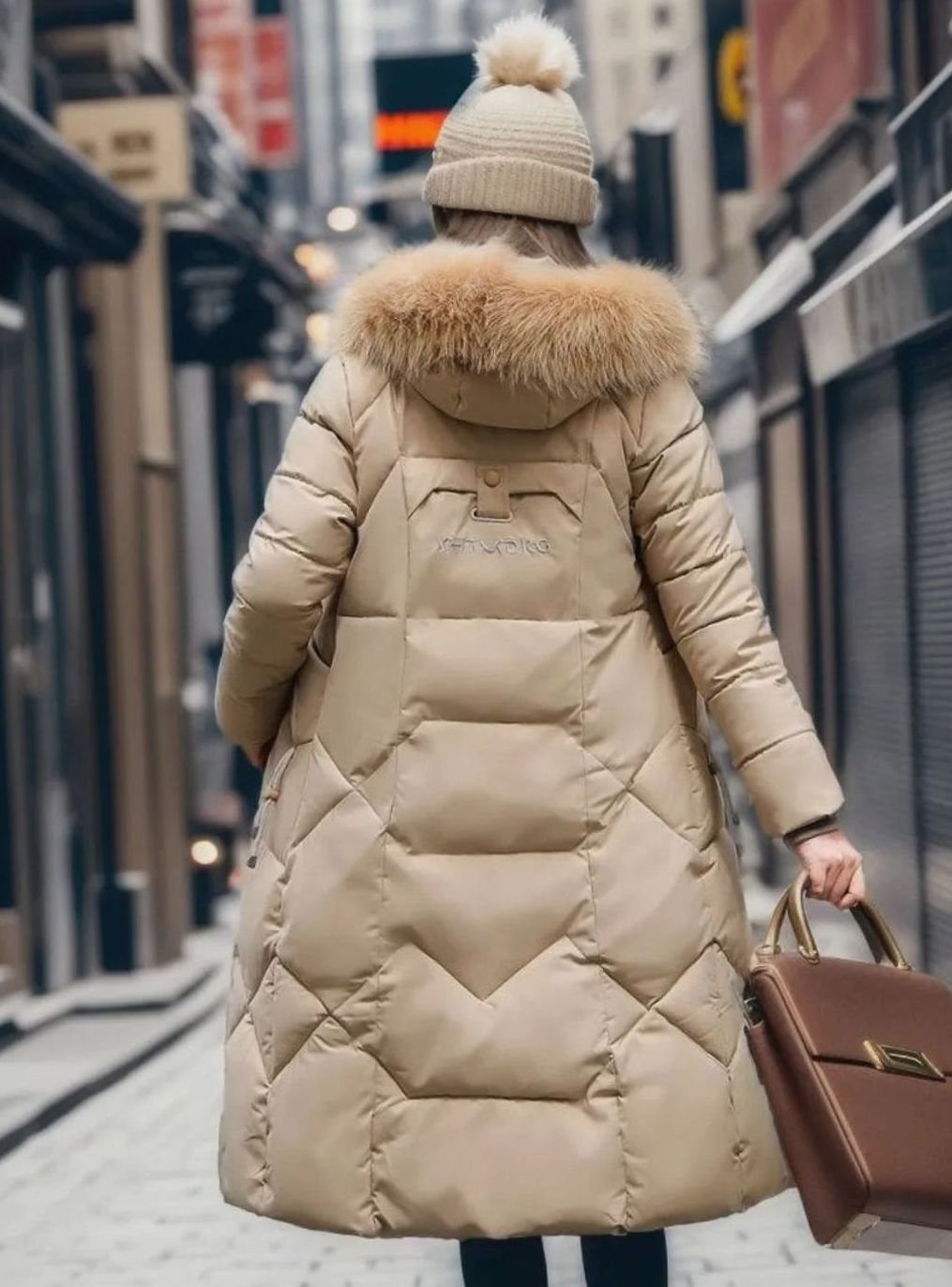 Women's Knee-Length Quilted Puffer Coat with Faux Fur Hood Trim
