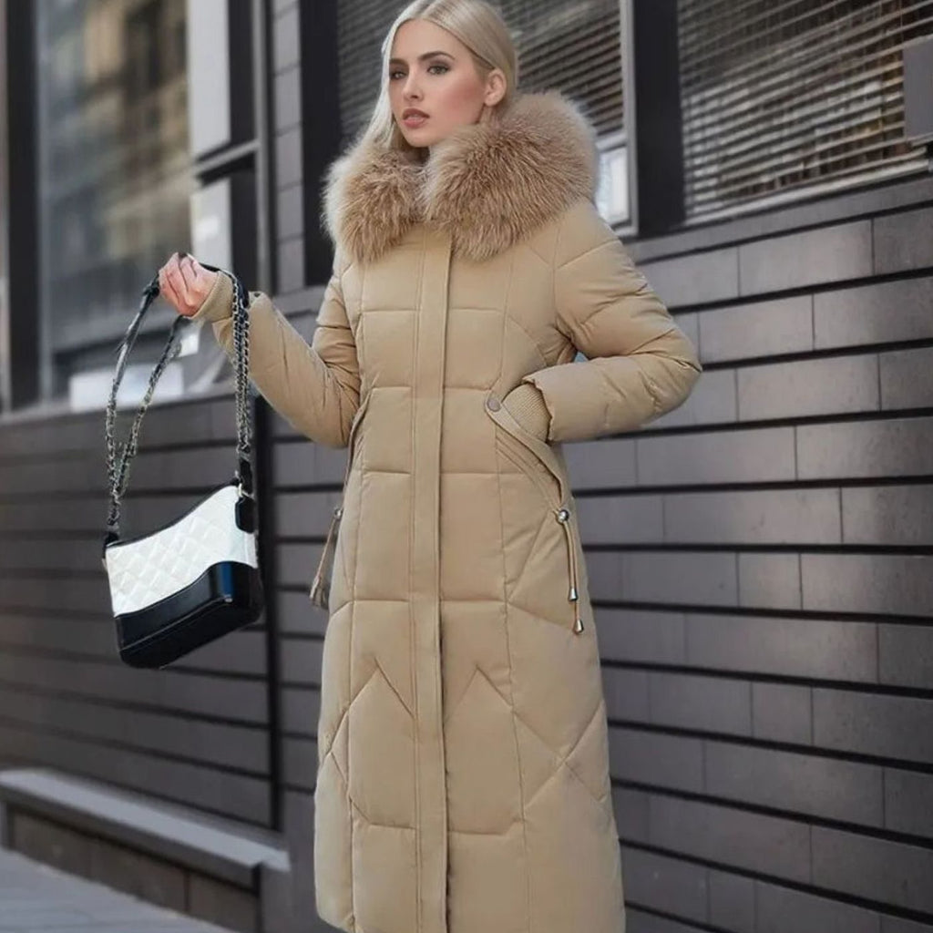 Women's Knee-Length Quilted Puffer Coat with Faux Fur Hood Trim