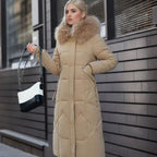 Women's Knee-Length Quilted Puffer Coat with Faux Fur Hood Trim