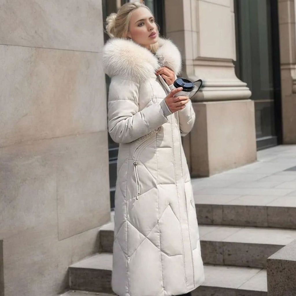 Women's Knee-Length Quilted Puffer Coat with Faux Fur Hood Trim