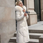 Women's Knee-Length Quilted Puffer Coat with Faux Fur Hood Trim