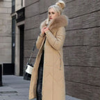 Women's Knee-Length Quilted Puffer Coat with Faux Fur Hood Trim