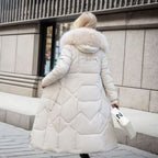 Women's Knee-Length Quilted Puffer Coat with Faux Fur Hood Trim