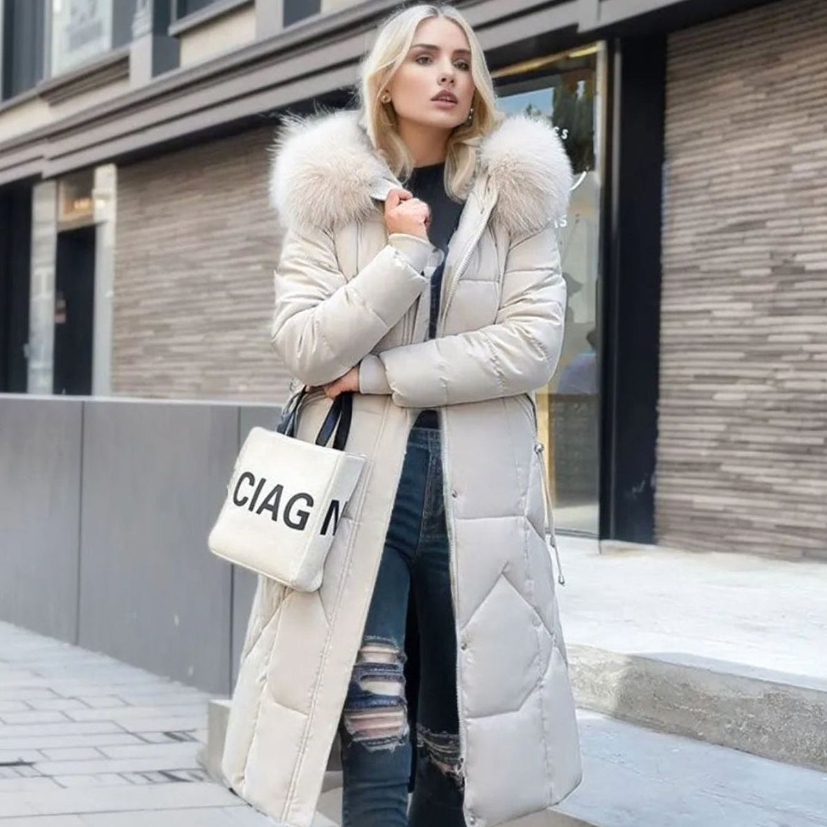 Women's Knee-Length Quilted Puffer Coat with Faux Fur Hood Trim – White