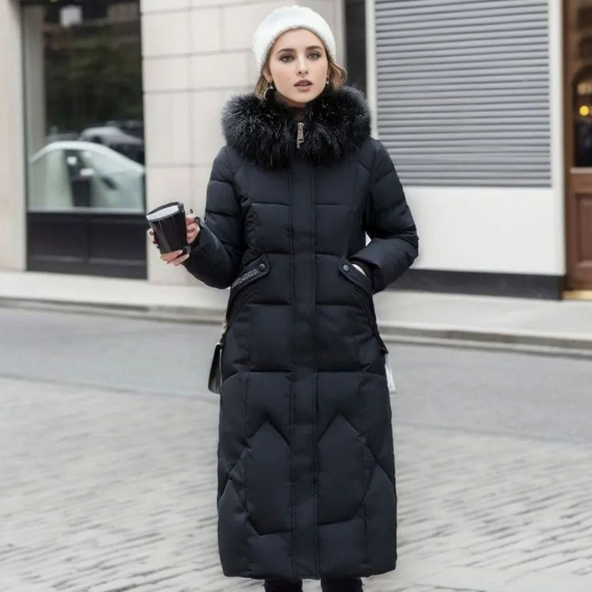 Women's Knee-Length Quilted Puffer Coat with Faux Fur Hood Trim