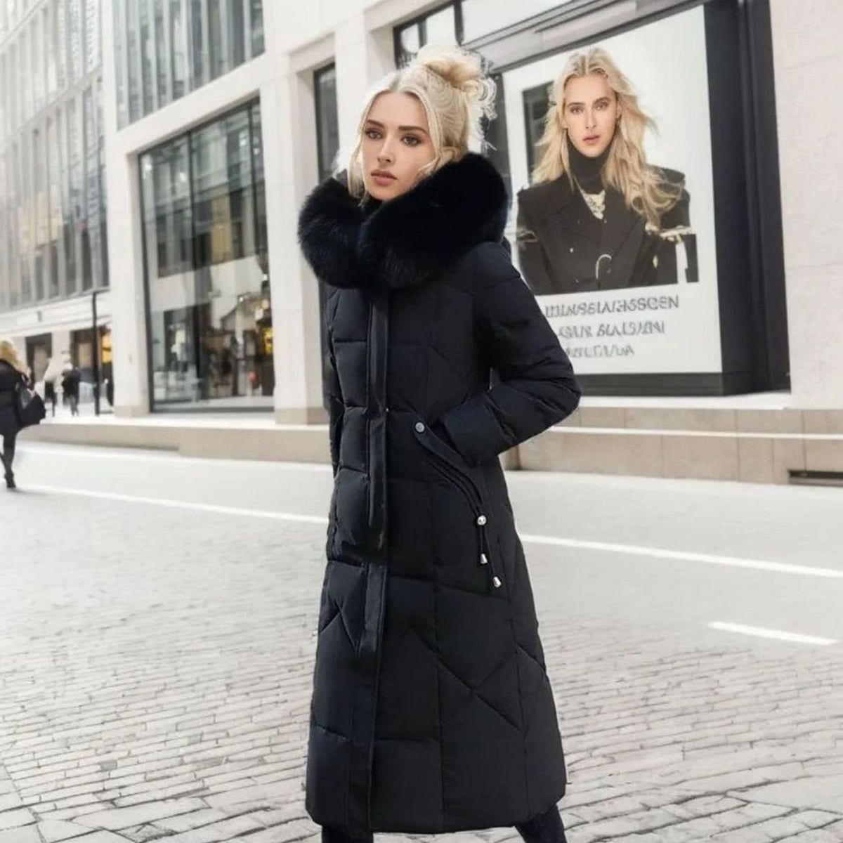 Women's Knee-Length Quilted Puffer Coat with Faux Fur Hood Trim