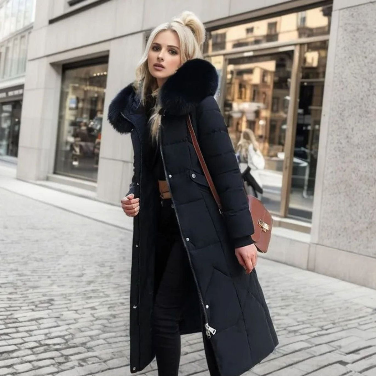 Women's Knee-Length Quilted Puffer Coat with Faux Fur Hood Trim – Black